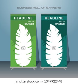 Roll up banner design. Vertical narrow flyer template with go green theme