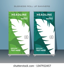 Roll up banner design. Vertical narrow flyer template with go green theme