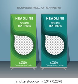 Roll up banner design. Vertical narrow flyer template with green color theme