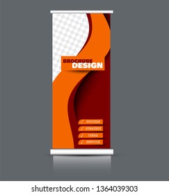 Roll up banner design. Vertical narrow flyer template. Advertising panel layout. Red and orange vector illustration.