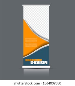 Roll up banner design. Vertical narrow flyer template. Advertising panel layout. Blue and orange vector illustration.