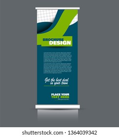 Roll up banner design. Vertical narrow flyer template. Advertising panel layout. Blue and green vector illustration.