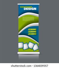 Roll up banner design. Vertical narrow flyer template. Advertising panel layout. Blue and green vector illustration.