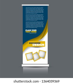 Roll up banner design. Vertical narrow flyer template. Advertising panel layout. Blue and yellow vector illustration.
