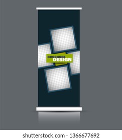 Roll up banner design. Vertical narrow flyer template. Advertising panel layout. Blue and green vector illustration.