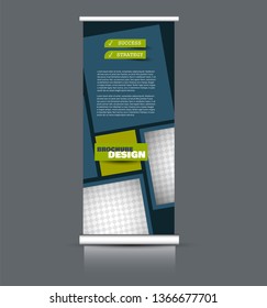 Roll up banner design. Vertical narrow flyer template. Advertising panel layout. Blue and green vector illustration.