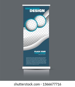 Roll up banner design. Vertical narrow flyer template. Advertising panel layout. Blue vector illustration.