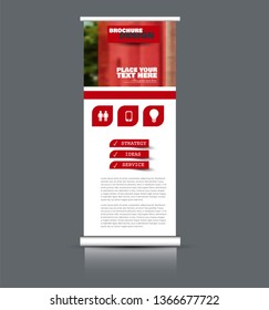 Roll up banner design. Vertical narrow flyer template. Advertising panel layout. Red vector illustration.
