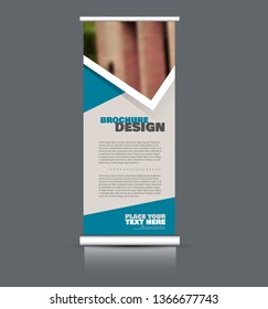 Roll up banner design. Vertical narrow flyer template. Advertising panel layout. Blue vector illustration.