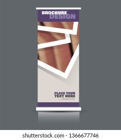 Roll up banner design. Vertical narrow flyer template. Advertising panel layout. Purple vector illustration.