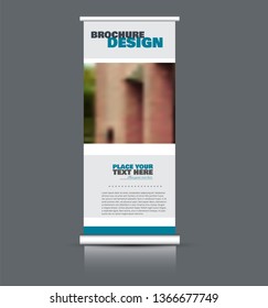 Roll up banner design. Vertical narrow flyer template. Advertising panel layout. Blue vector illustration.