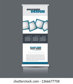 Roll up banner design. Vertical narrow flyer template. Advertising panel layout. Blue vector illustration.