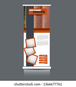 Roll up banner design. Vertical narrow flyer template. Advertising panel layout. Orange vector illustration.