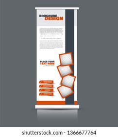 Roll up banner design. Vertical narrow flyer template. Advertising panel layout. Orange vector illustration.