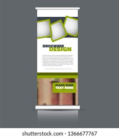 Roll up banner design. Vertical narrow flyer template. Advertising panel layout. Green vector illustration.