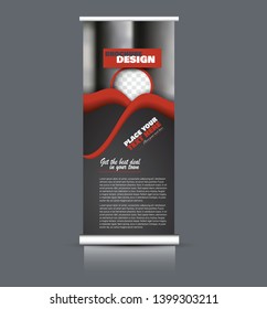 Roll up banner design. Vertical narrow flyer template. Advertising panel layout. Red and black vector illustration.