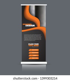 Roll up banner design. Vertical narrow flyer template. Advertising panel layout. Orange and black vector illustration.