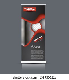Roll up banner design. Vertical narrow flyer template. Advertising panel layout. Red and black vector illustration.
