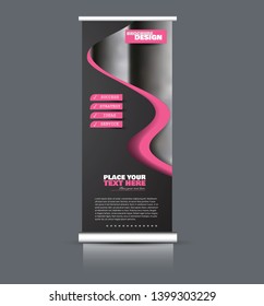 Roll up banner design. Vertical narrow flyer template. Advertising panel layout. Pink and black vector illustration.