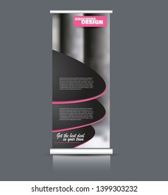 Roll up banner design. Vertical narrow flyer template. Advertising panel layout. Pink and black vector illustration.