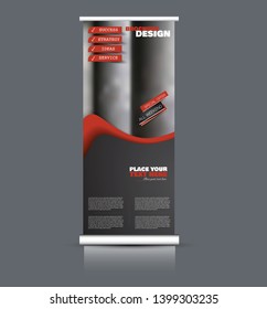 Roll up banner design. Vertical narrow flyer template. Advertising panel layout. Red and black vector illustration.