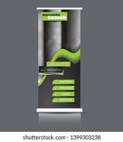 Roll up banner design. Vertical narrow flyer template. Advertising panel layout. Green and black vector illustration.