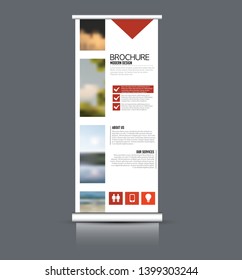 Roll up banner design. Vertical narrow flyer template. Advertising panel layout. Red vector illustration.
