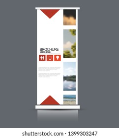 Roll up banner design. Vertical narrow flyer template. Advertising panel layout. Red vector illustration.
