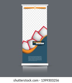 Roll up banner design. Vertical narrow flyer template. Advertising panel layout. Orange, red, and blue vector illustration.