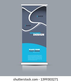 Roll up banner design. Vertical narrow flyer template. Advertising panel layout. Grey and blue vector illustration.