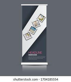 Roll up banner design. Vertical narrow flyer template. Advertising panel layout. Grey color. Vector illustration.