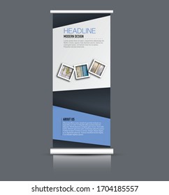 Roll up banner design. Vertical narrow flyer template. Advertising panel layout. Blue color. Vector illustration.