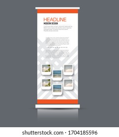 Roll up banner design. Vertical narrow flyer template. Advertising panel layout. Orange color. Vector illustration.