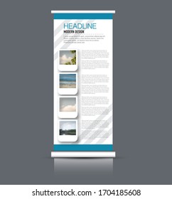 Roll up banner design. Vertical narrow flyer template. Advertising panel layout. Blue color. Vector illustration.