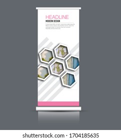 Roll up banner design. Vertical narrow flyer template. Advertising panel layout. Pink color. Vector illustration.
