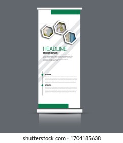 Diseñar banner. Plantilla vertical de volante estrecho. Diseño del panel Publicidad.Color verde. Ilustración vectorial.