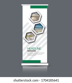 Roll up banner design. Vertical narrow flyer template. Advertising panel layout. Green color. Vector illustration.