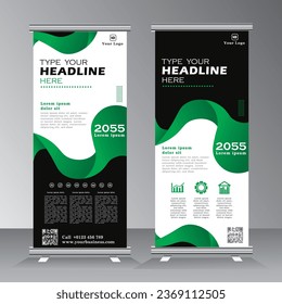 roll up banner design, vertical banner template design, standee banner. modern x-banner and standee for advertising, pull up banner with green color