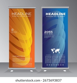 roll up banner design, vertical banner template with orange and blue colour, roll up banner for event vector eps 10