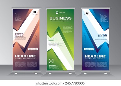 Roll up banner desing in blue, green and brown print ready colours, vetical banner template, roll up bannner for project, event, presentation, conferance, meeting,