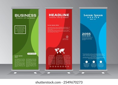 Roll up banner desing in blue, green and red print ready colours, vetical banner template, roll up bannner for project, event, presentation, conferance, meeting, Vector eps 10.