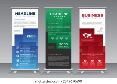 Roll up banner desing in blue, green and red print ready colours, vetical banner template, roll up bannner for project, event, presentation, conferance, meeting,