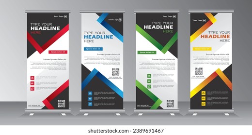 roll up banner desing, roll up banner template with geometric background, vertical banner template, blue, red, green, yellow, 
 print ready colors, vector eps 10