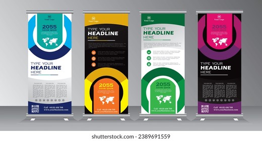 roll up banner desing, roll up banner template with geometric background, vertical banner template, blue, yellow, green, pink, 
 print ready colors, vector eps 10