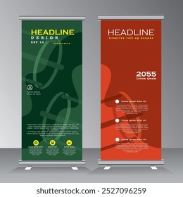 Diseño de Anuncio enrollado, diseño de Anuncio de Vertical con naranja y verde, industrial, empresa, Plantilla, Vector, abstracto, fondo de patrón de línea, Anuncio X moderno, Anuncio pull-up, Anuncio de tamaño rectángulo.