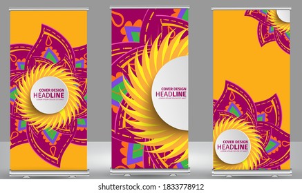 Roll up banner Diwali festival holiday design standee business brochure template design. Vertical Abstract colorful geometric texture background Can be adapt to Brochure, Report, Magazine, Poster.