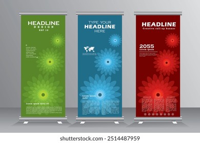 Roll up banner for events and print ready design with flower, Business roll up banner design template, Flower shape vertical banners design, vector eps 10