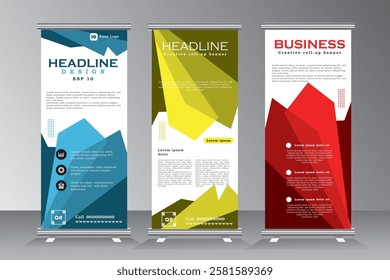 Roll up banner for events and print ready design, stand banner design, Business roll up banner design template, Geometric shape vertical banners design, vector eps