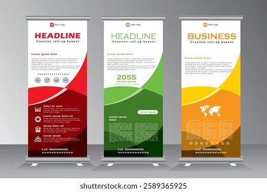 Roll up banner for events and print ready design, stand banner design, Business roll up banner design template, Geometric shape vertical banners design, vector eps 10