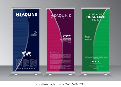 Roll up banner for events and print ready design, stand banner design, Business roll up banner design template, Geometric shape vertical banners design with three colours, vector eps 10